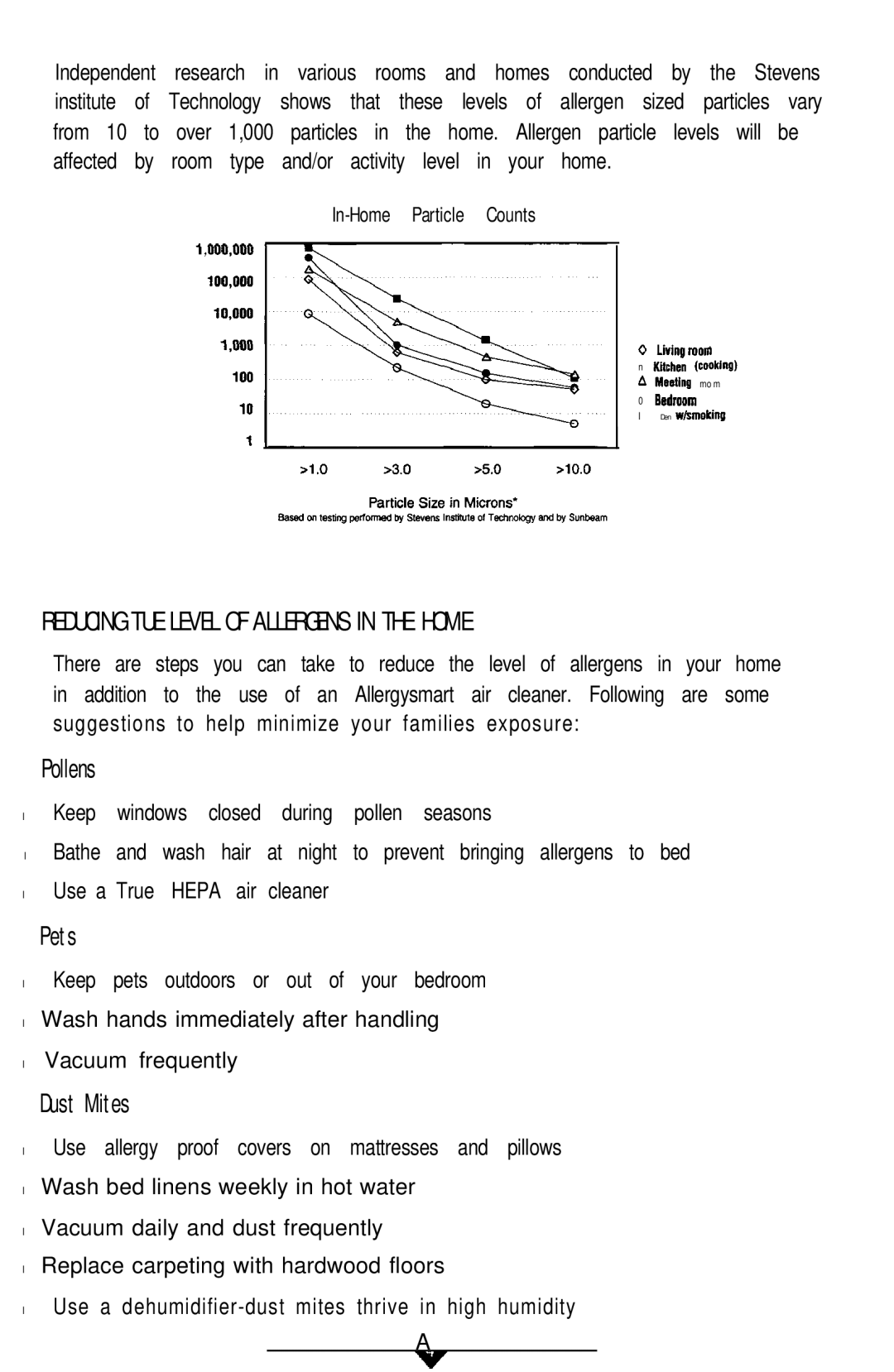 Sunbeam 2540, 2541 manual Reducing TUE Level of Allergens in the Home, Pollens, Pets, Dust Mites 