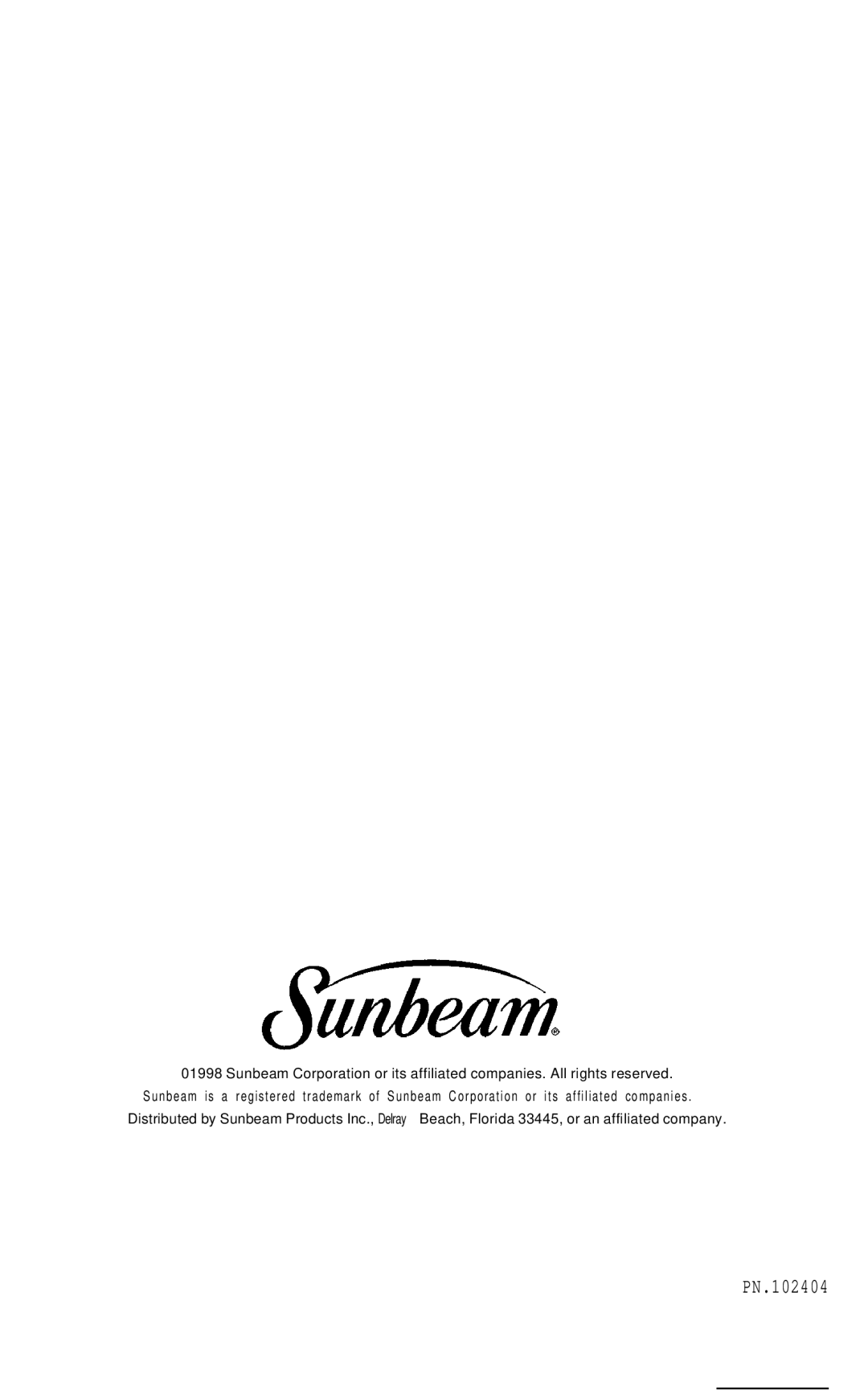 Sunbeam 2543, 2544 instruction manual PN.102404 