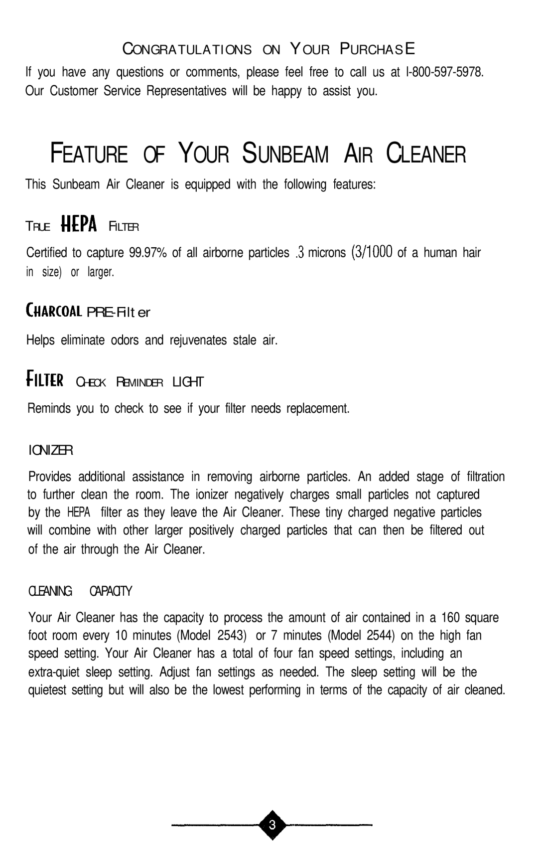 Sunbeam 2544, 2543 instruction manual Feature of Your Sunbeam AIR Cleaner 