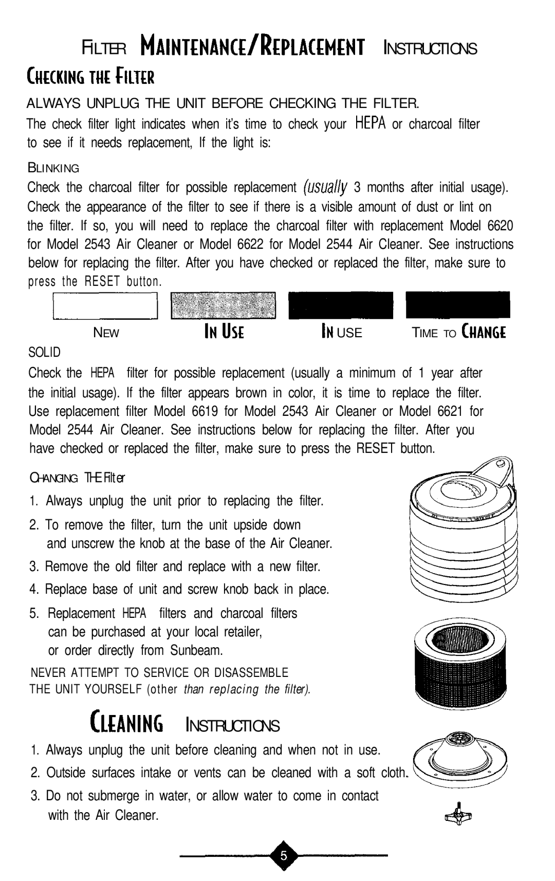 Sunbeam 2544, 2543 instruction manual Filter MAINTENANCE/REPLACEMENT Instructions 