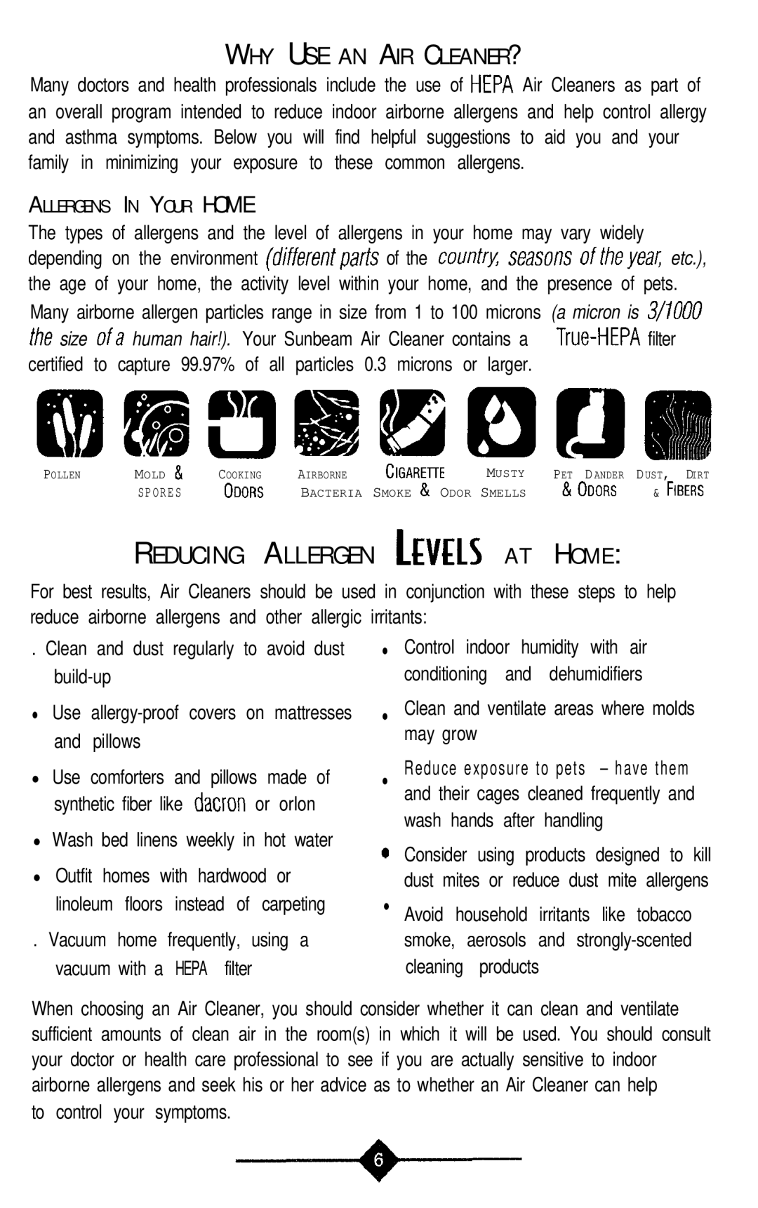 Sunbeam 2543, 2544 instruction manual Reducing Allergen Lwels AT Home 