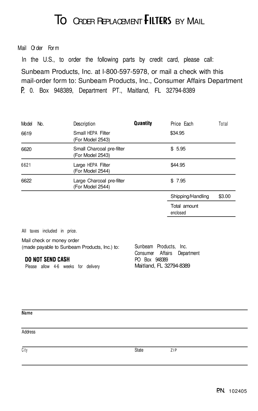 Sunbeam 2543, 2544 instruction manual To Order Replacement fms by Mail 