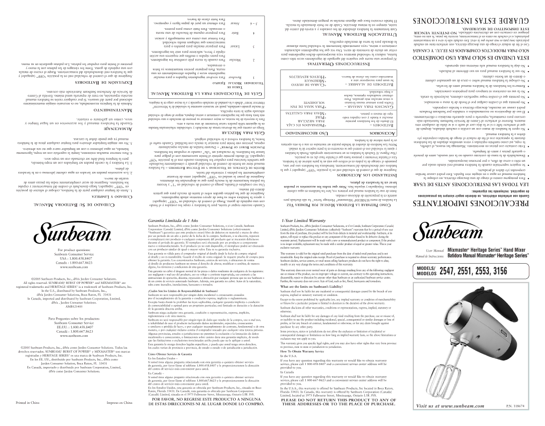 Sunbeam 3156, 2547 warranty Atidoresb DE Xpulsióne, Antenimientom, Lmacenajea, Anualm Atidorab LA Para Elocidadesv DE Uíag 