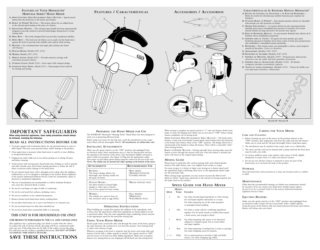 Sunbeam 2551, 2547 Features of Your Mixmaster Heritage Series Hand Mixer, Preparing the Hand Mixer for USE, Mixing Guide 