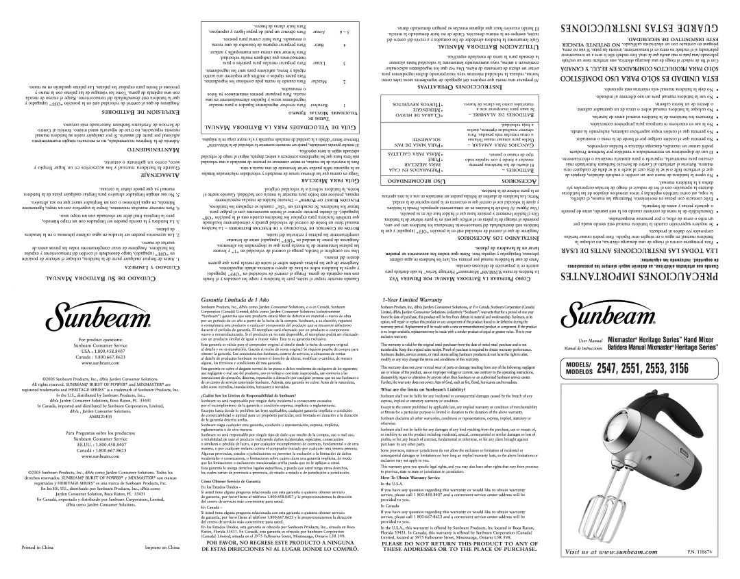 Sunbeam 3156, 2547 warranty Usar De Antes Instrucciones Las Todas Lea, Canadá Y .Uu.Ee En Comprados Productos Para Sólo 