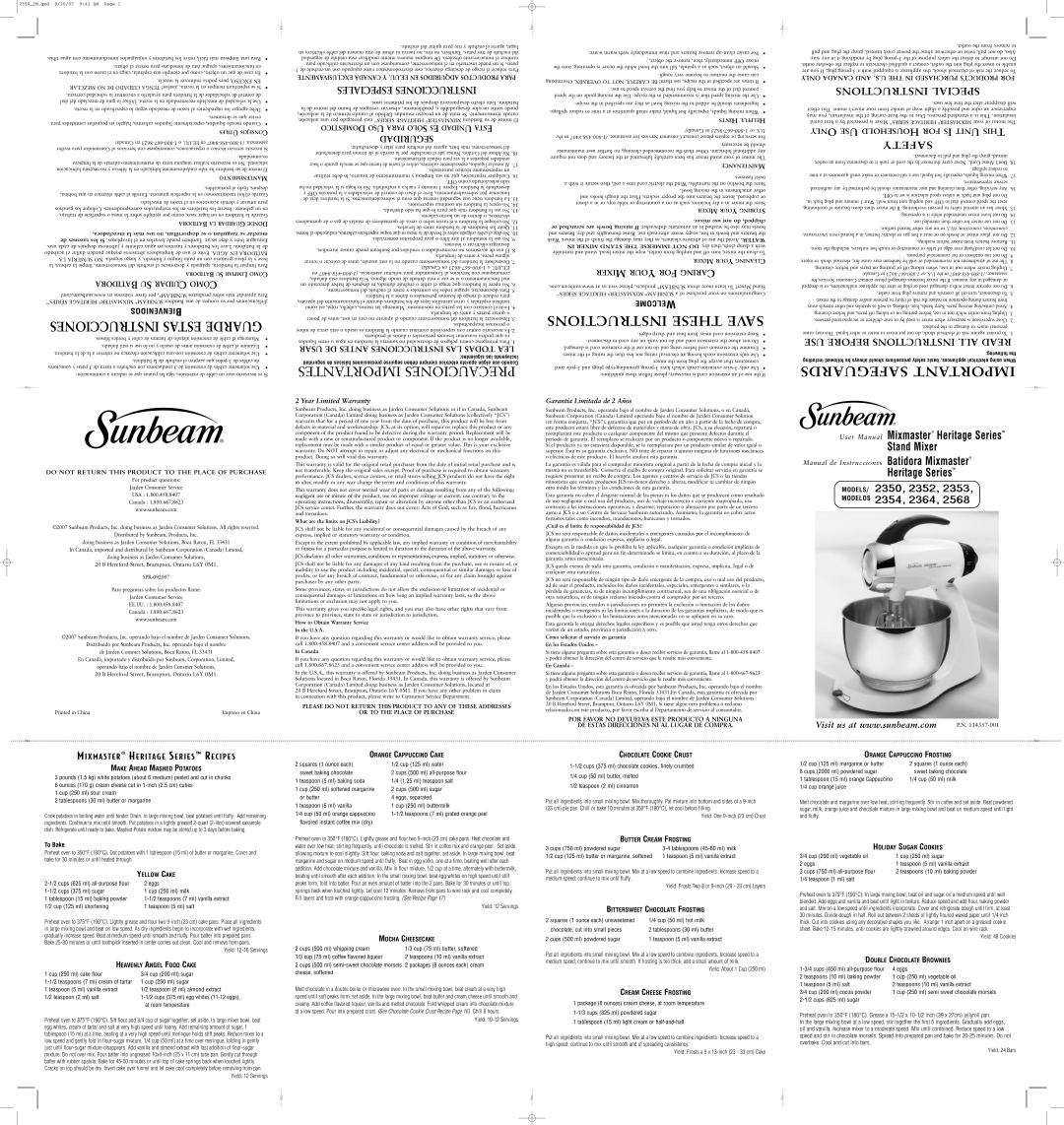 Sunbeam 2354, 2568 user manual Make Ahead Mashed Potatoes, Yellow Cake, Orange Cappuccino Cake, Chocolate Cookie Crust 