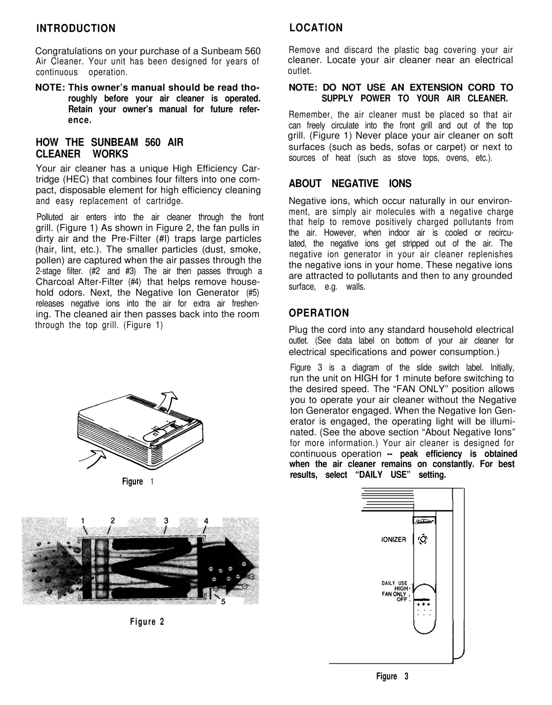 Sunbeam 2570 owner manual Introduction, HOW the Sunbeam 560 AIR Cleaner Works, Location, About Negative Ions, Operation 