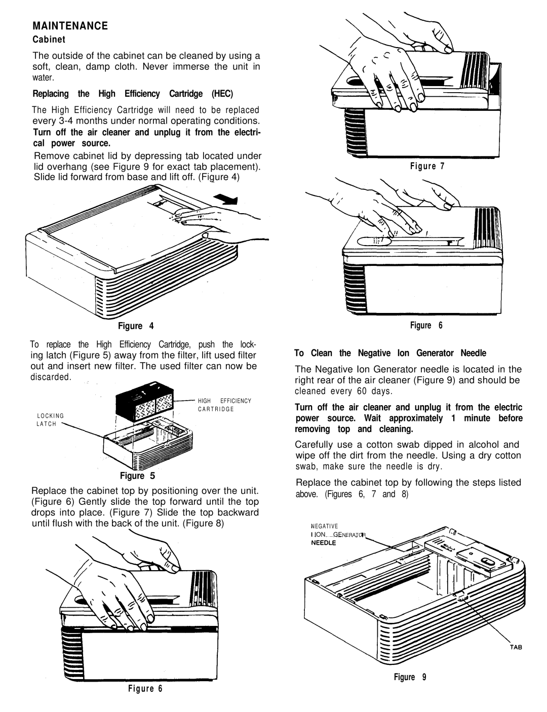 Sunbeam 2570 Maintenance, Cabinet, Replacing the High Efficiency Cartridge HEC, To Clean the Negative Ion Generator Needle 