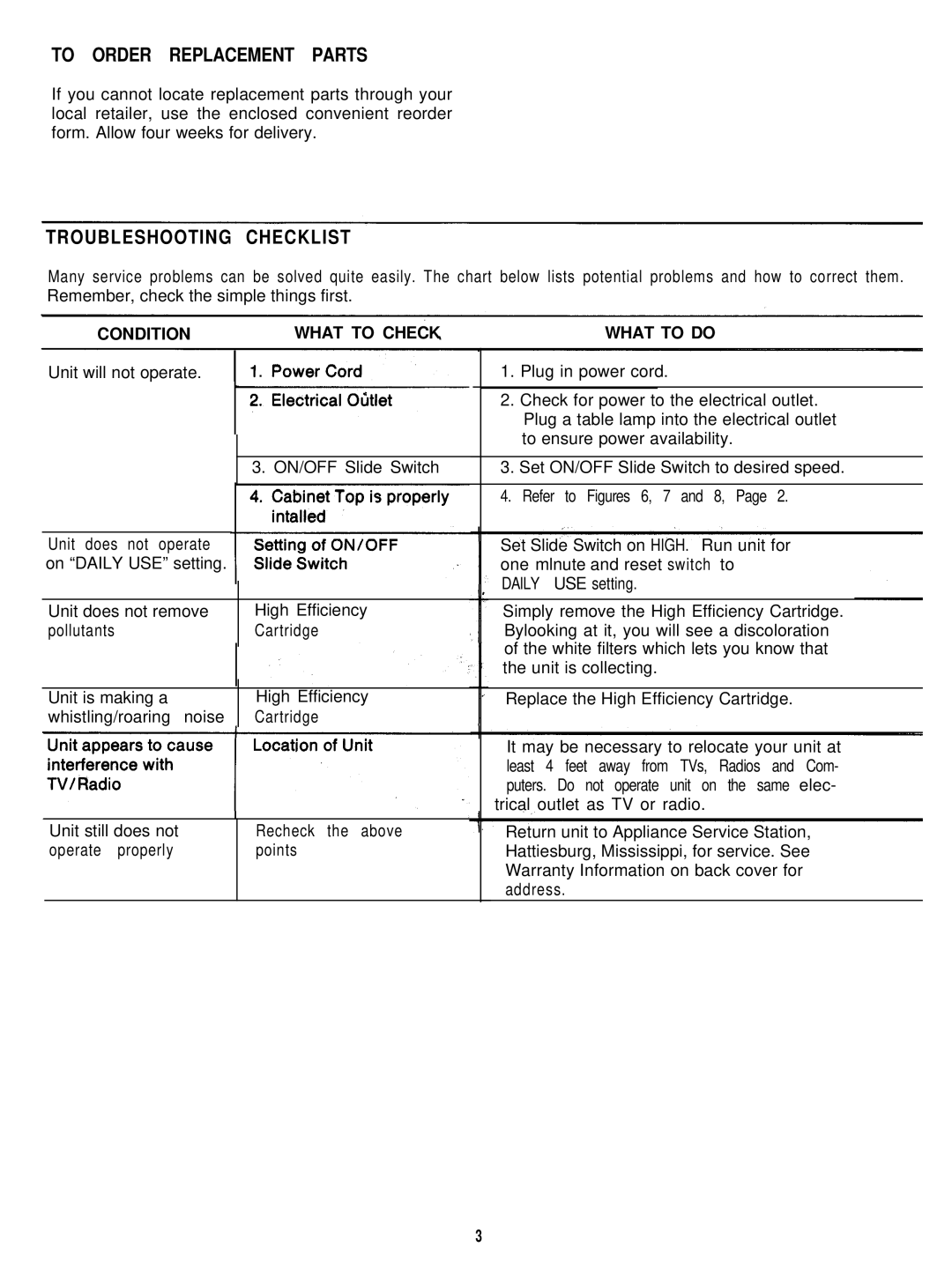 Sunbeam 2570 owner manual To Order Replacement Parts, Troubleshooting Checklist 