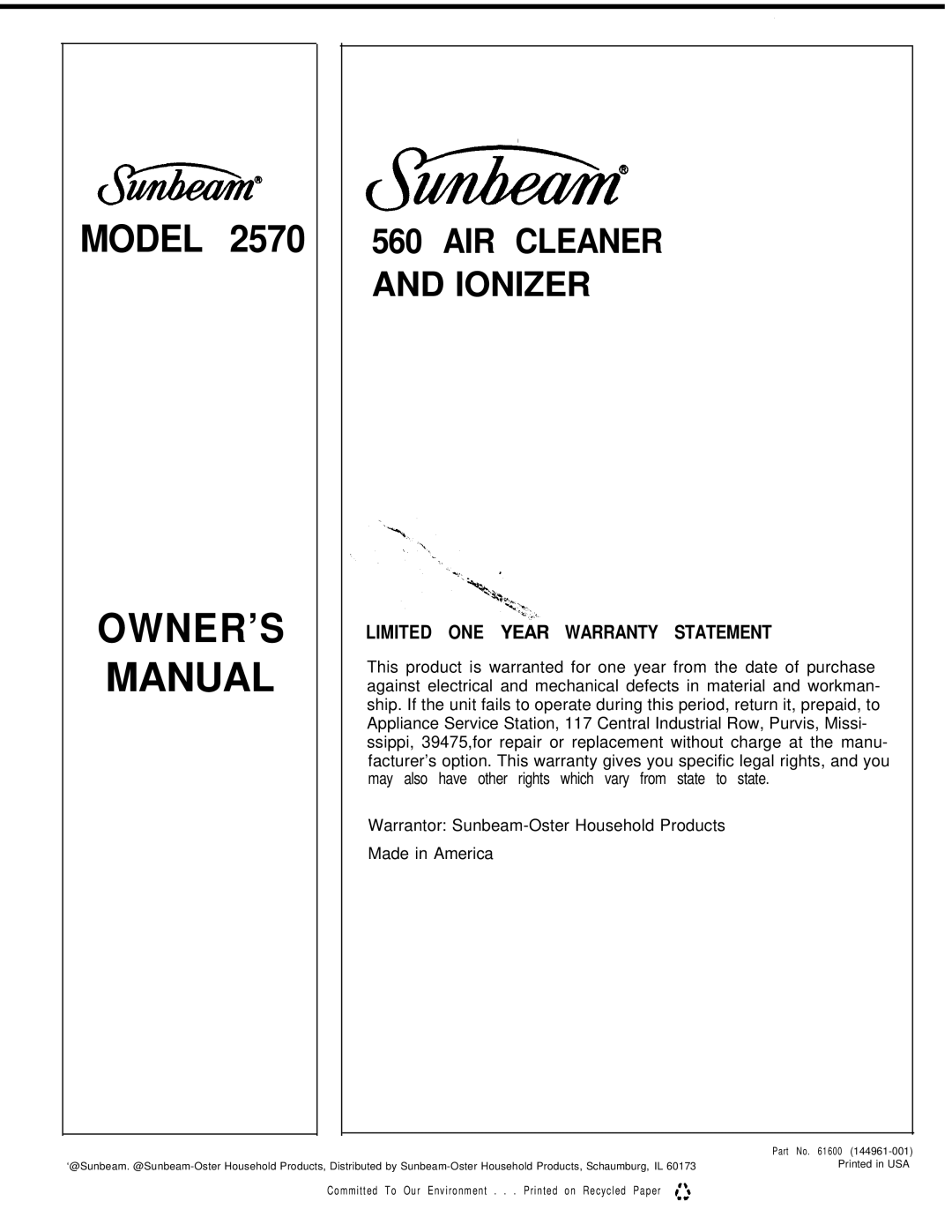 Sunbeam 2570 owner manual Limited ONE Year Warranty Statement 