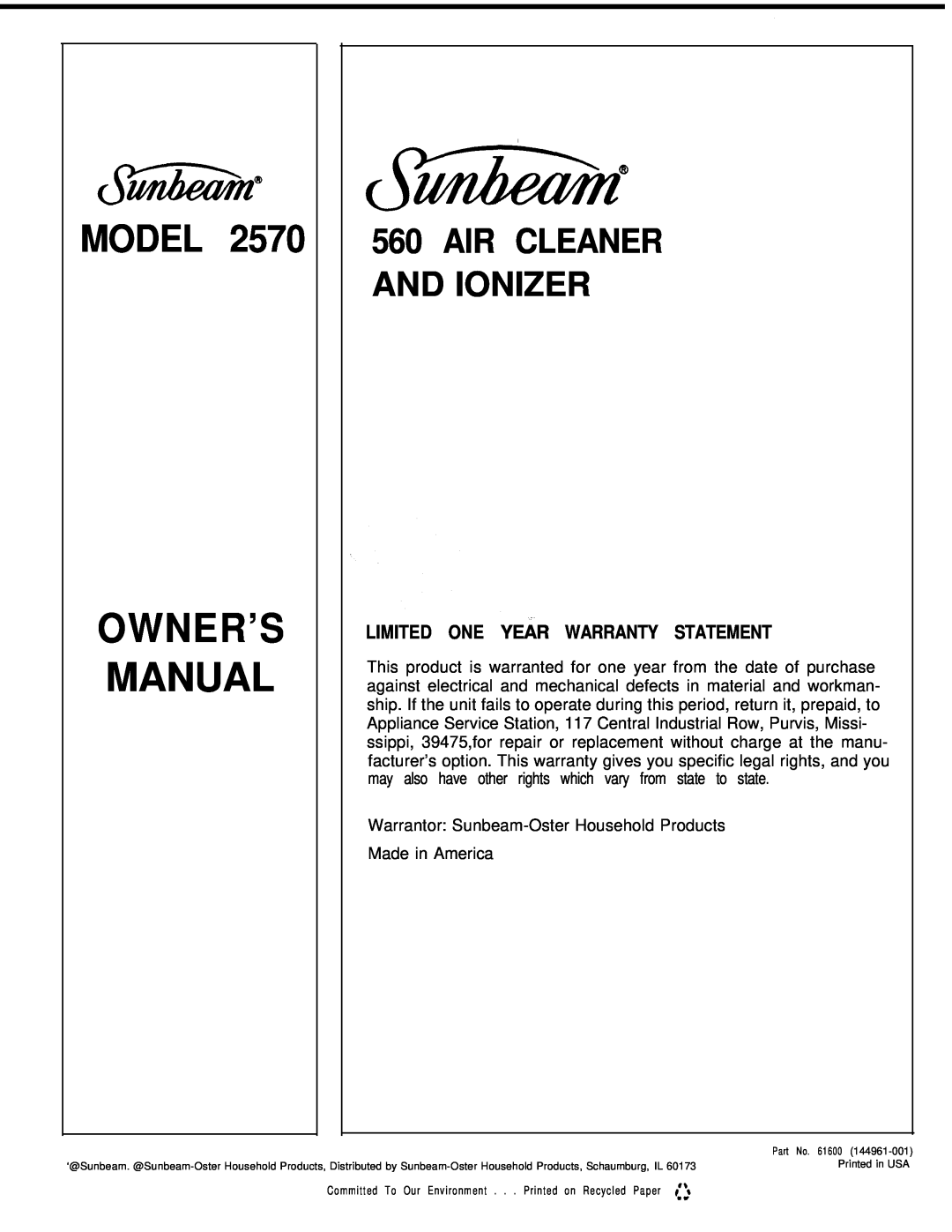 Sunbeam 2570 owner manual Limited One Year Warranty Statement, Model, Air Cleaner And Ionizer 