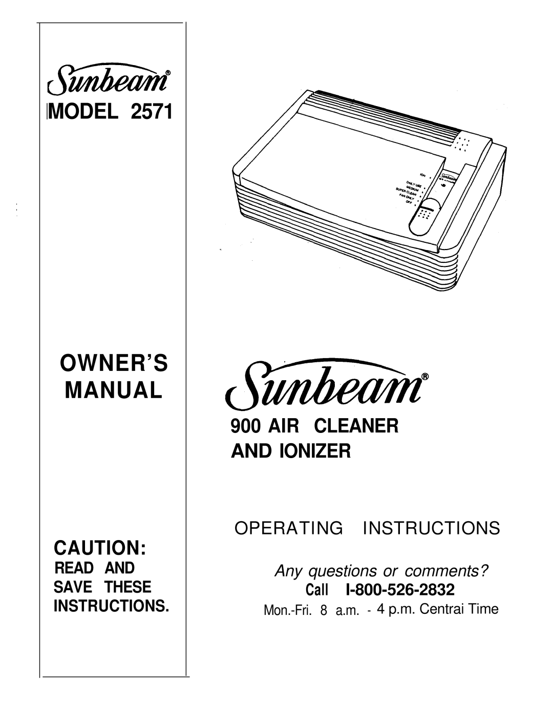 Sunbeam 2571 owner manual Model, AIR Cleaner Ionizer Operating Instructions 