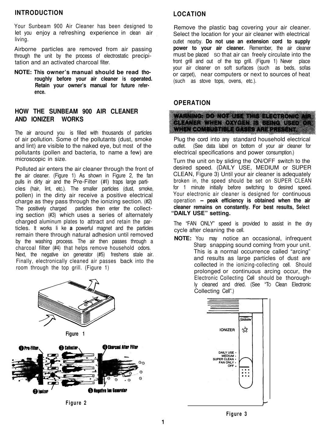 Sunbeam 2571 owner manual Introduction, HOW the Sunbeam 900 AIR Cleaner and Ionizer Works, Location, Operation 