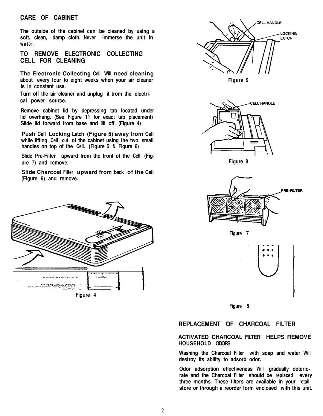 Sunbeam 2571 Care of Cabinet, To Remove Electronic Collecting Cell for Cleaning, Replacement of Charcoal Filter 