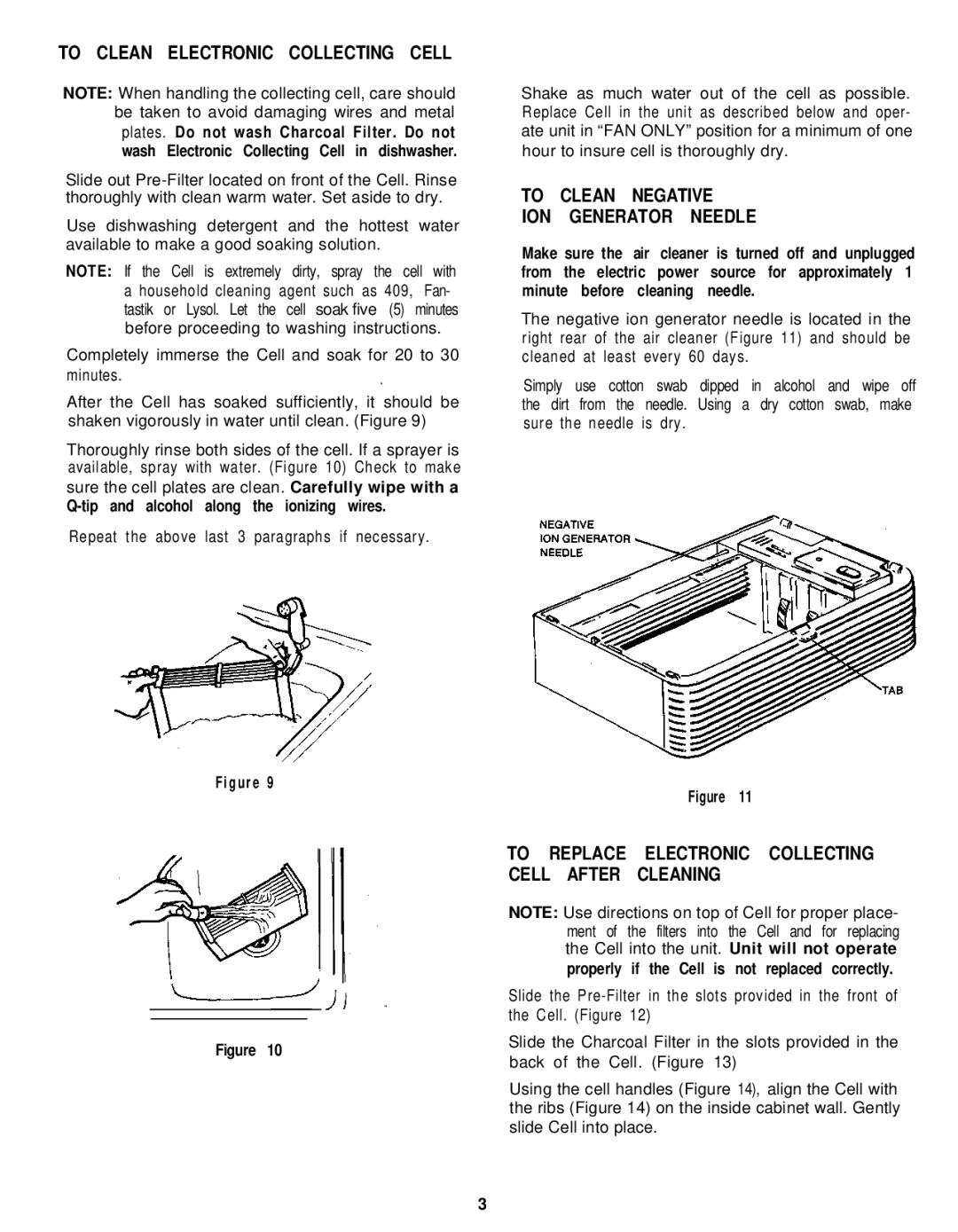 Sunbeam 2571 owner manual To Clean Electronic Collecting Cell, To Clean Negative ION Generator Needle 