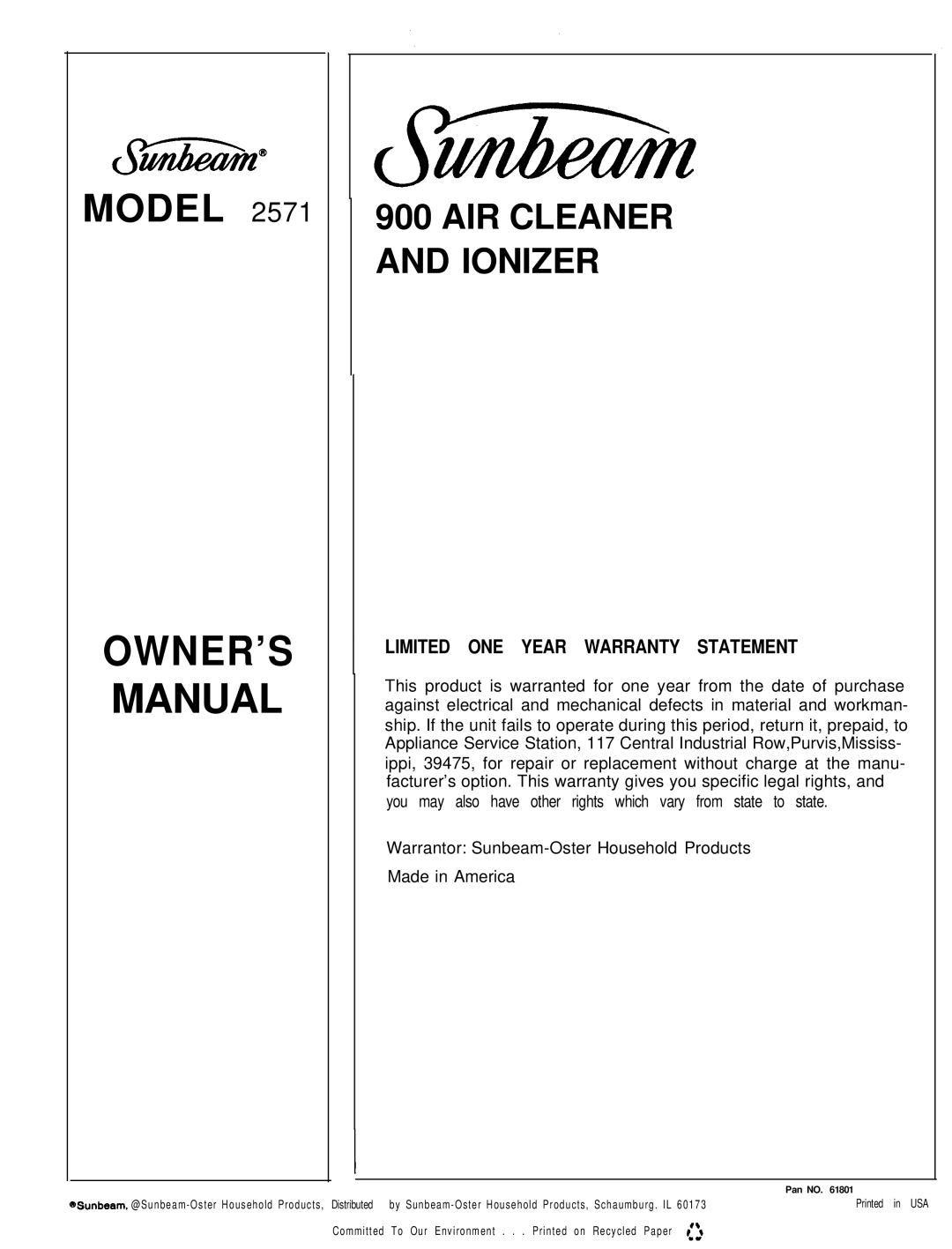 Sunbeam 2571 owner manual AIR Cleaner and Ionizer, Limited ONE Year Warranty Statement 