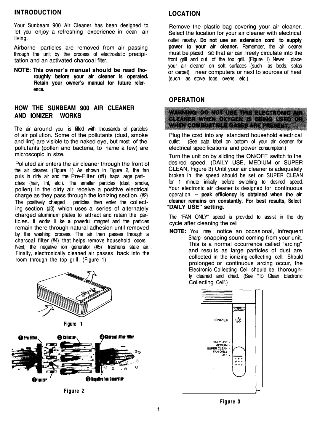 Sunbeam 2571 owner manual Introduction, HOW THE SUNBEAM 900 AIR CLEANER AND IONIZER WORKS, Location, Operation 