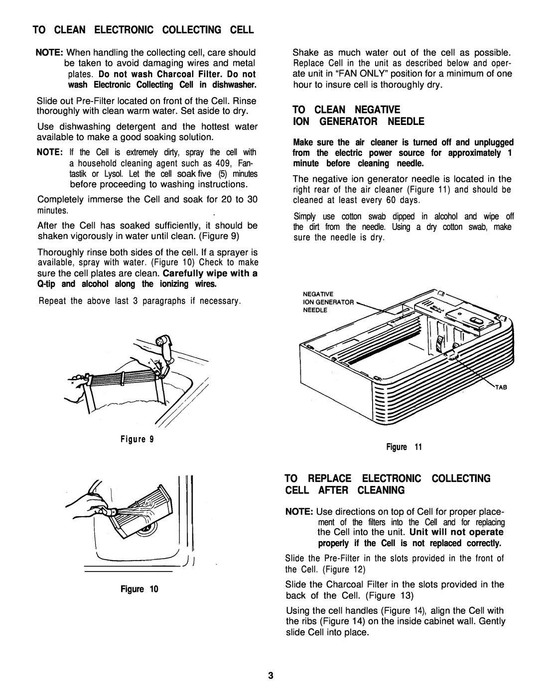 Sunbeam 2571 owner manual To Clean Electronic Collecting Cell, To Clean Negative Ion Generator Needle 