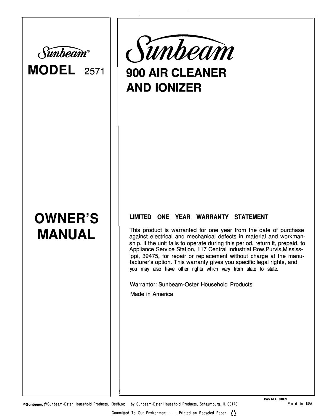Sunbeam 2571 owner manual Limited One Year Warranty Statement, Model, Air Cleaner And Ionizer 