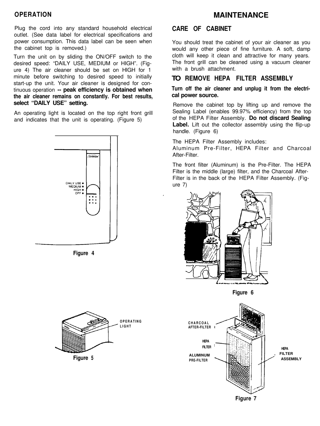 Sunbeam 2576 owner manual Operation, Care of Cabinet, To Remove Hepa Filter Assembly 