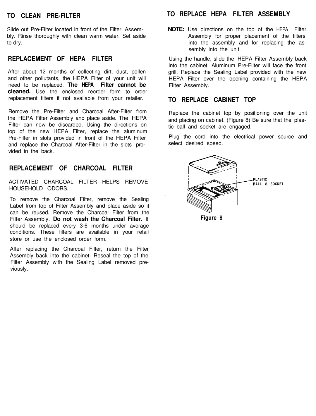 Sunbeam 2576 To Clean PRE-FILTER, Replacement of Hepa Filter, To Replace Hepa Filter Assembly, To Replace Cabinet TOP 