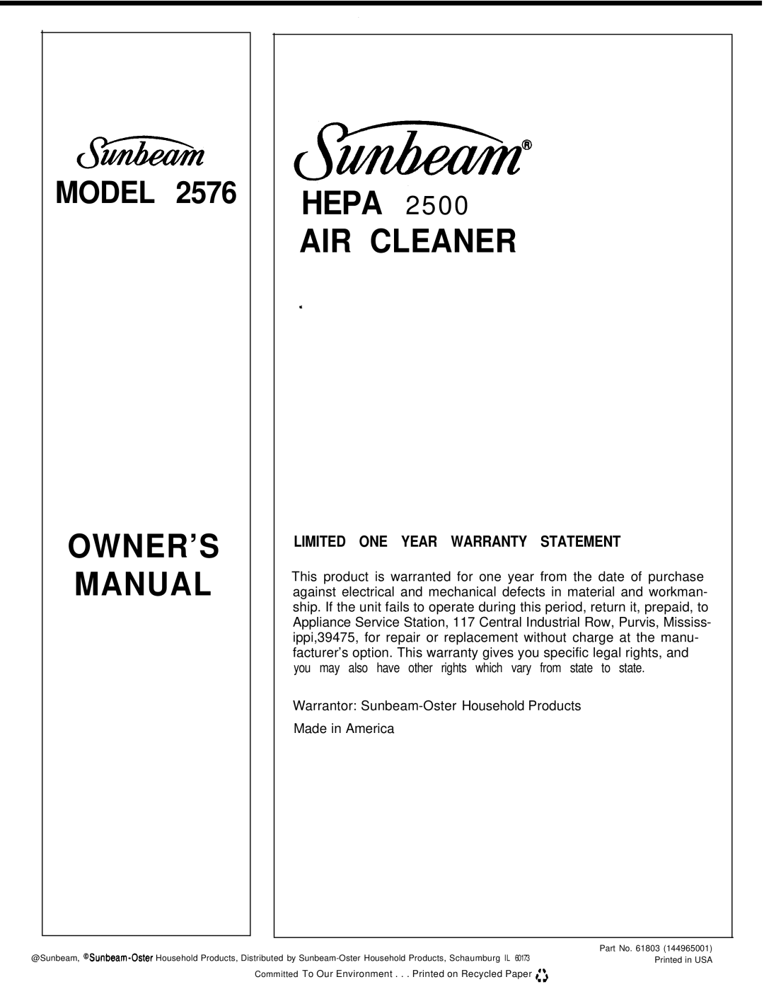 Sunbeam 2576 owner manual AIR Cleaner, Limited ONE Year Warranty Statement 