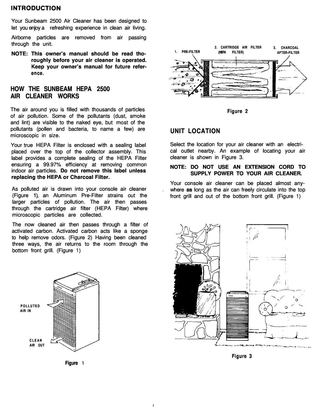 Sunbeam 2576 How The Sunbeam Hepa Air Cleaner Works, Unit Location, Note Do Not Use An Extension Cord To, Figure Figure 