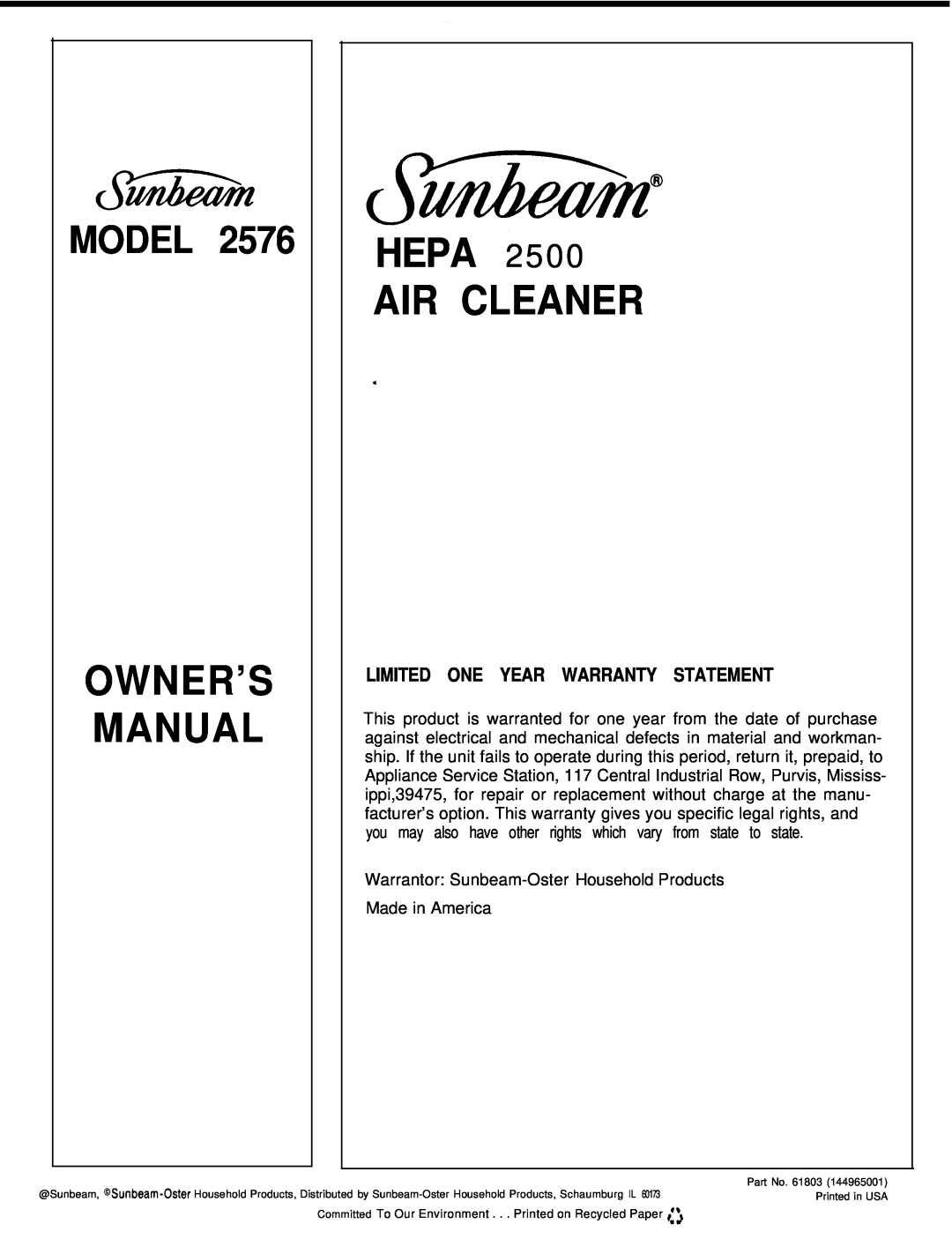 Sunbeam 2576 owner manual Limited One Year Warranty Statement, Hepa Air Cleaner, Model 