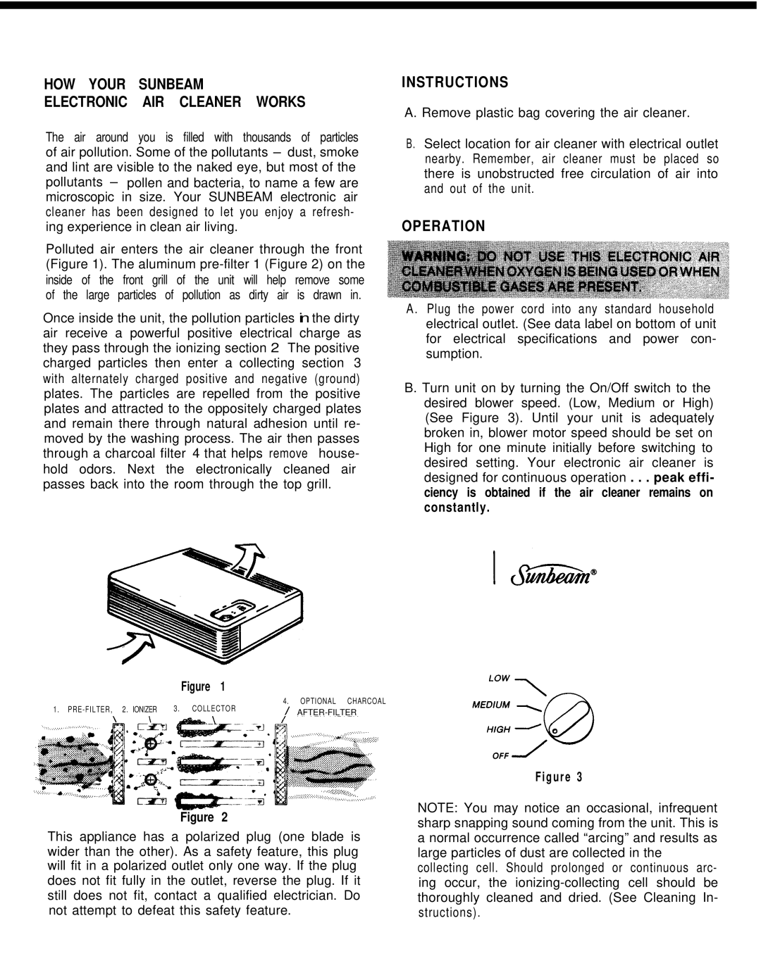 Sunbeam 2585 manual HOW Your Sunbeam Electronic AIR Cleaner Works, Instructions, Operation 