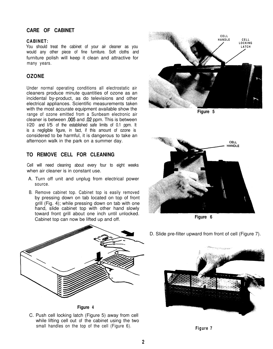 Sunbeam 2585 manual Care of Cabinet, Ozone, To Remove Cell for Cleaning 