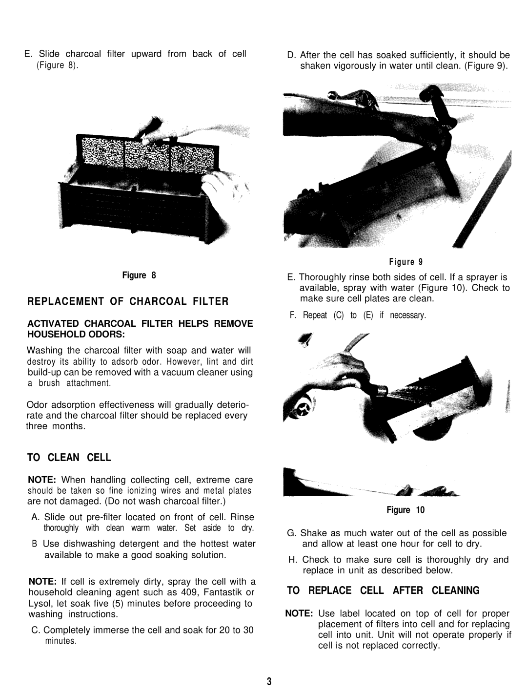 Sunbeam 2585 manual Replacement of Charcoal Filter, To Clean Cell, To Replace Cell After Cleaning 