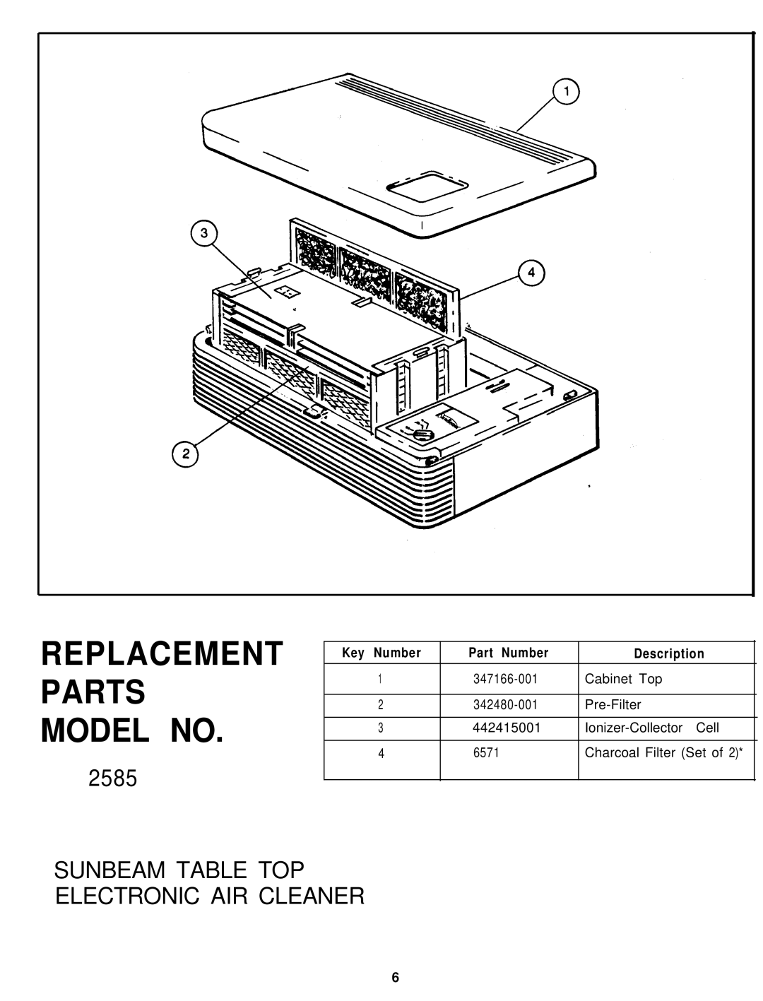 Sunbeam 2585 manual Replacement Parts Model no, Key Number Part Number Description 