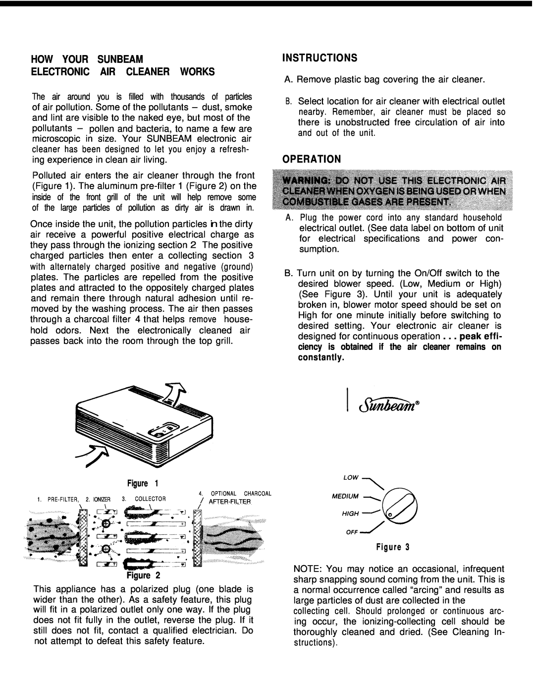 Sunbeam 2585 manual How Your Sunbeam Electronic Air Cleaner Works, Instructions, Operation 
