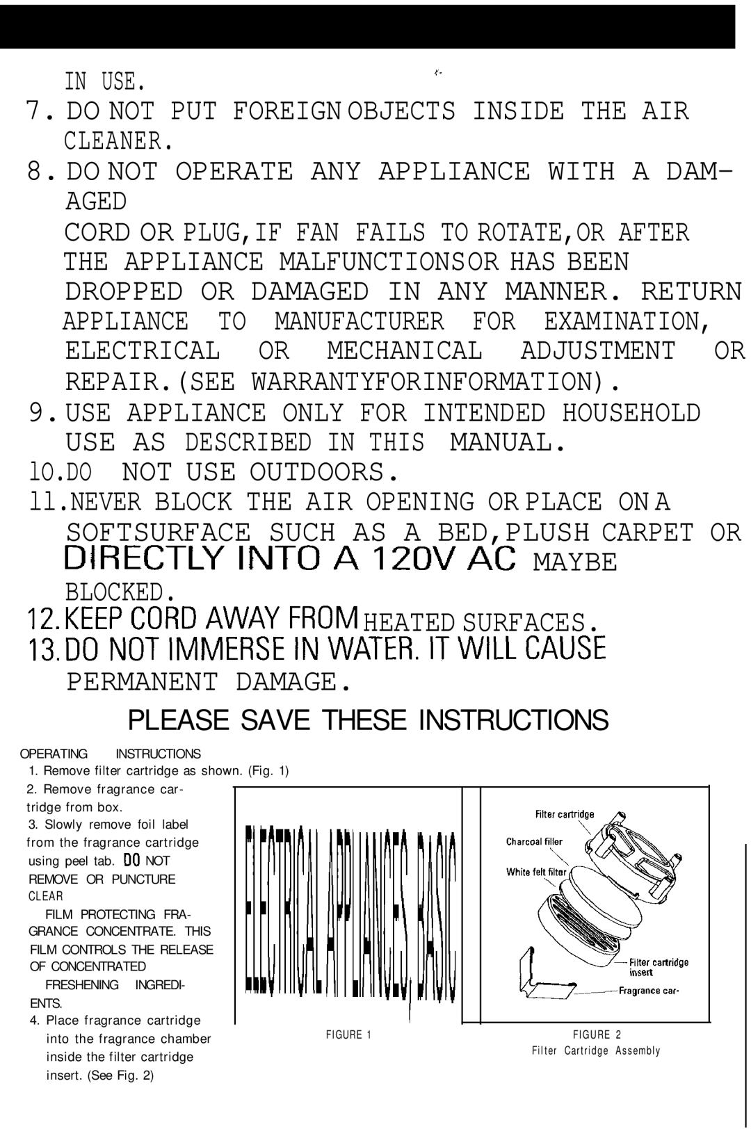 Sunbeam 2589 Please Save These Instructions, Operating Instructions, Place fragrance cartridge Into the fragrance chamber 