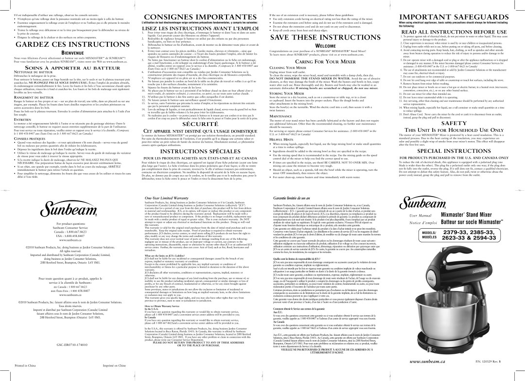 Sunbeam 2594-33 user manual Bienvenue Soins À Apporter AU Batteur, CET Appareil N’EST Destiné QU’À L’USAGE Domestique 