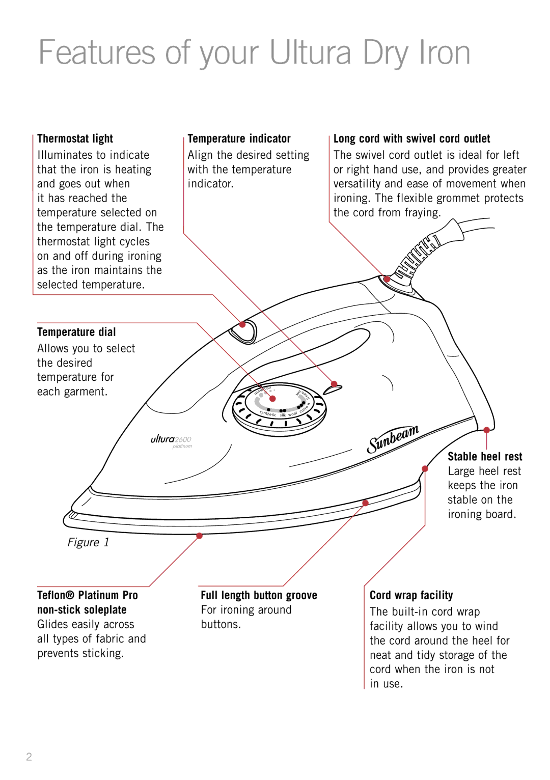 Sunbeam 2600 manual Features of your Ultura Dry Iron, Temperature dial, Teflon Platinum Pro, Non-stick soleplate 