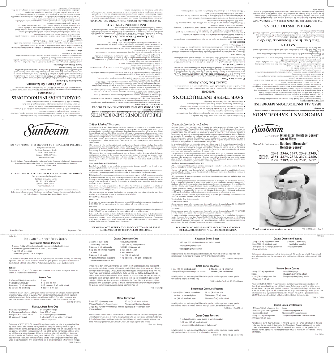 Sunbeam 2505, 2617 user manual Make Ahead Mashed Potatoes, Orange Cappuccino Cake, Chocolate Cookie Crust, Yellow Cake 