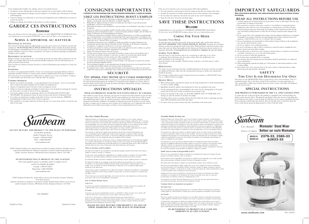 Sunbeam 2385-33, 2623-33 user manual Soins À Apporter AU Batteur, CET Appareil N’EST Destiné QU’À L’USAGE Domestique 