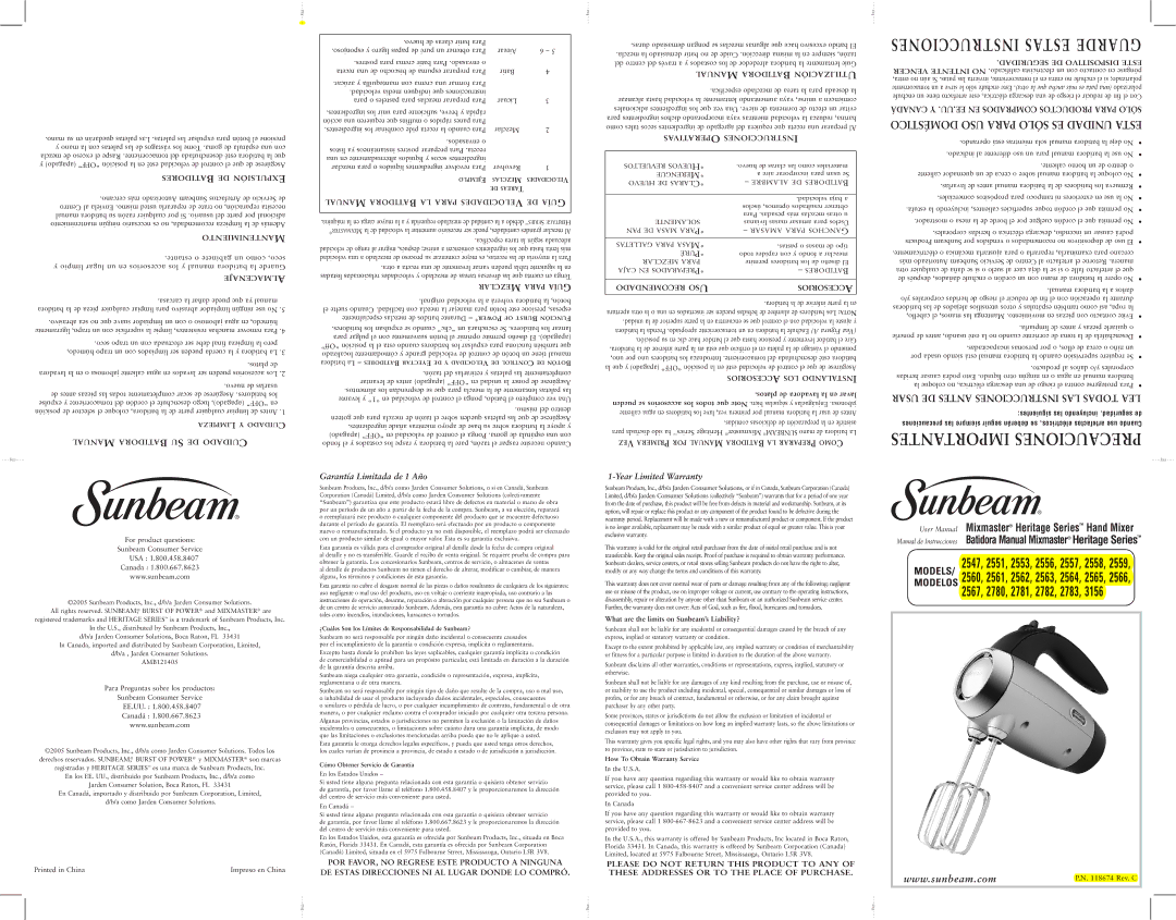 Sunbeam 2782, 2783 warranty Atidoresb DE Xpulsióne, Antenimientom, Lmacenajea, Anualm Atidorab LA Para Elocidadesv DE Uíag 