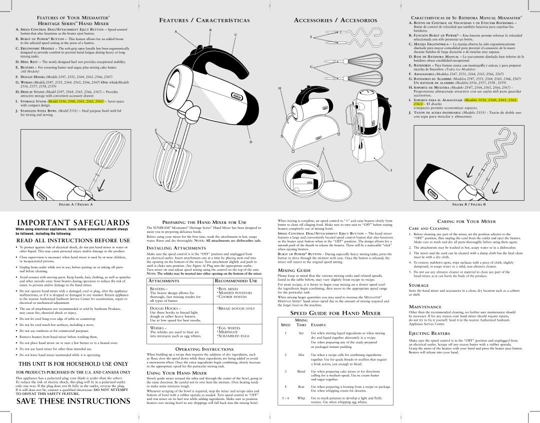 Sunbeam 2781, 2783 Features of Your Mixmaster Heritage Series Hand Mixer, Preparing the Hand Mixer for USE, Mixing Guide 