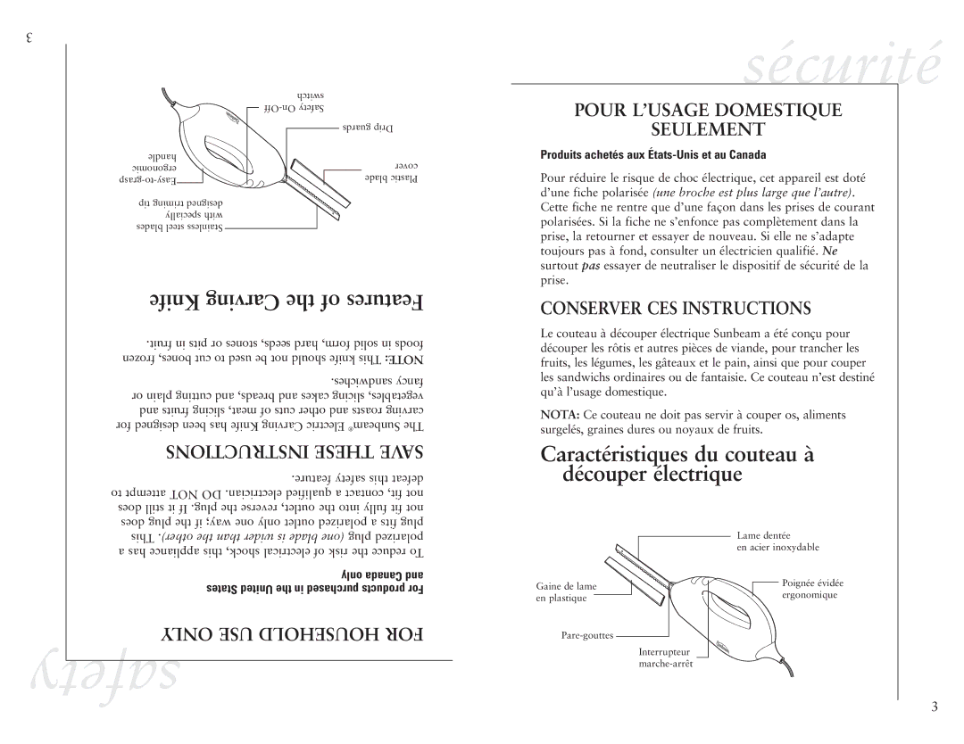 Sunbeam 2785-33 user manual Sécurité, Produits achetés aux États-Unis et au Canada 