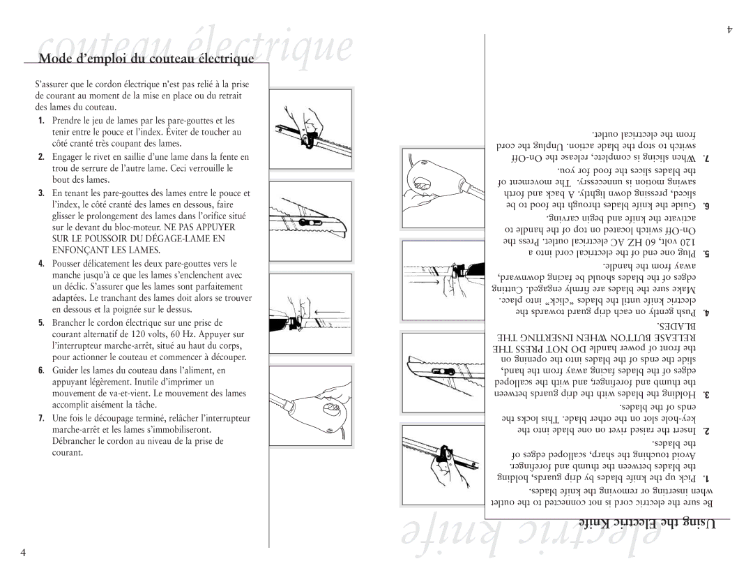 Sunbeam 2785-33 user manual Couteau électrique, Knife electric, Mode d’emploi du couteau électrique 