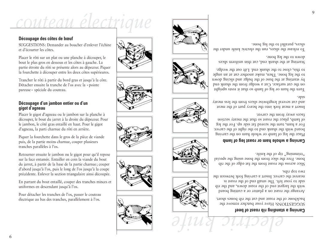 Sunbeam 2785-33 user manual Découpage des côtes de bœuf, Découpage d’un jambon entier ou d’un gigot d’agneau 