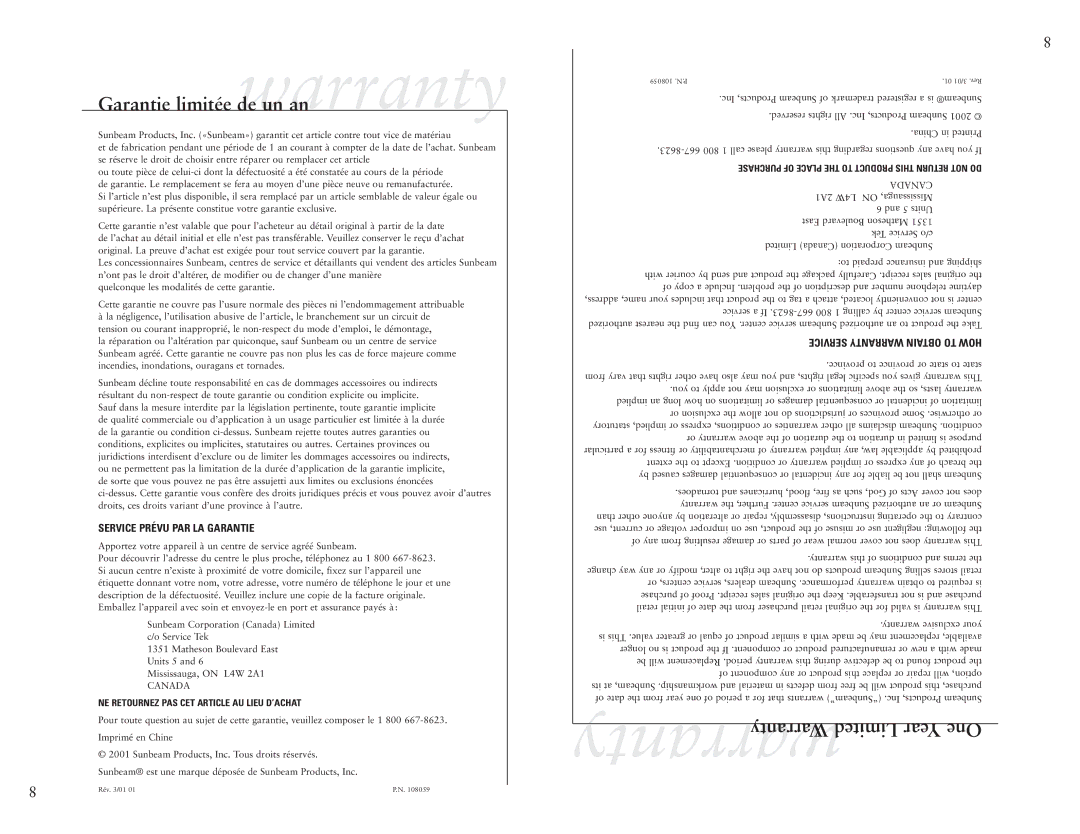 Sunbeam 2785-33 user manual Garantie limitée dewarrantyun an, Warranty Limited Year One 