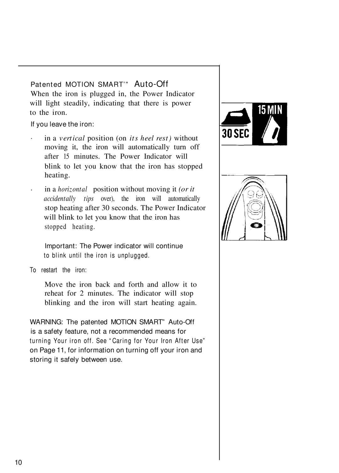 Sunbeam 3035 Patented Motion SMART’ Auto-Off, If you leave the iron, Important The Power indicator will continue, Iron 