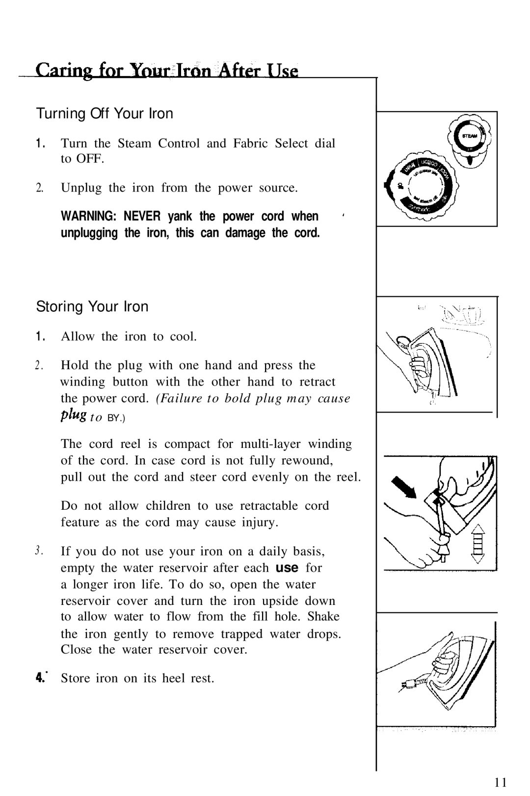 Sunbeam 3040, 3035 manual Turning Off Your Iron, Storing Your Iron 