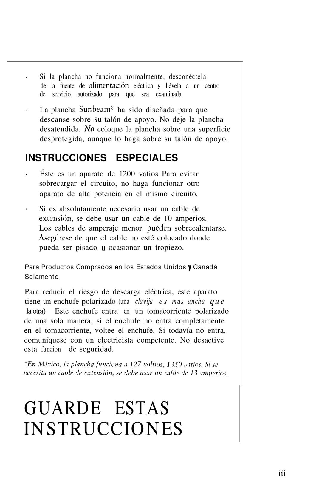 Sunbeam 3040, 3035 manual Guarde Estas Instrucciones 