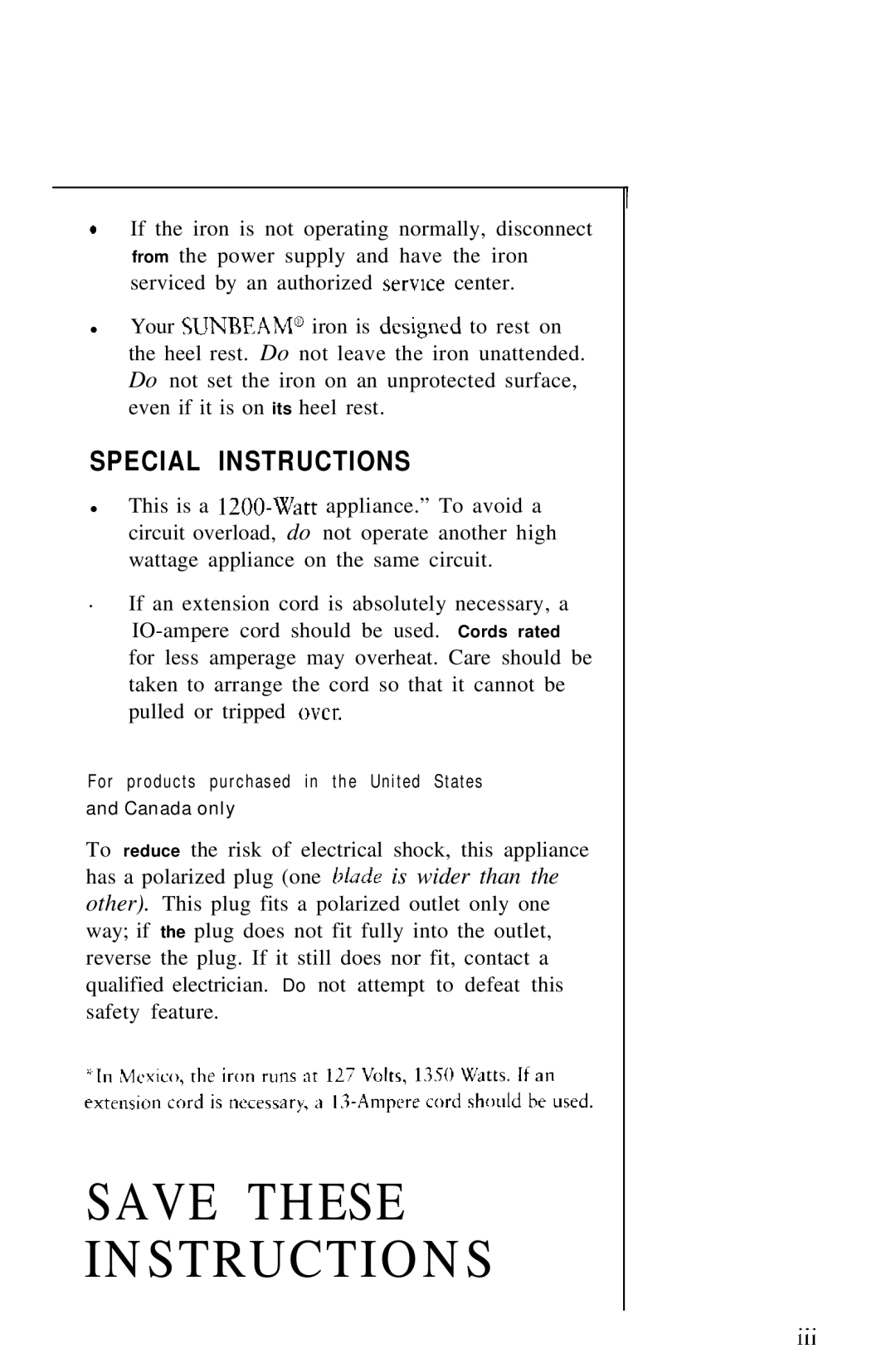 Sunbeam 3040, 3035 manual Special Instructions 