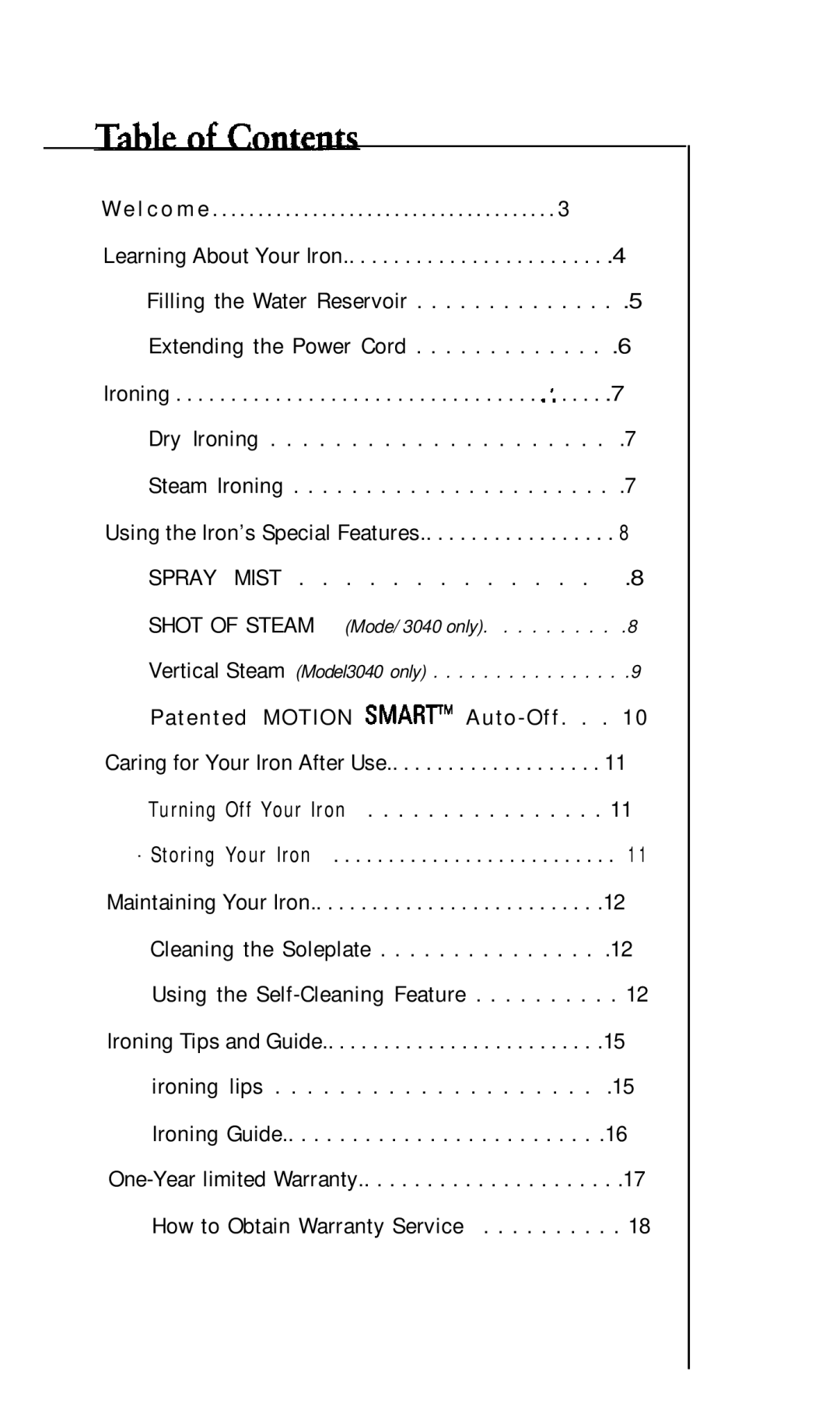 Sunbeam 3035, 3040 manual L c o m e Learning About Your Iron 