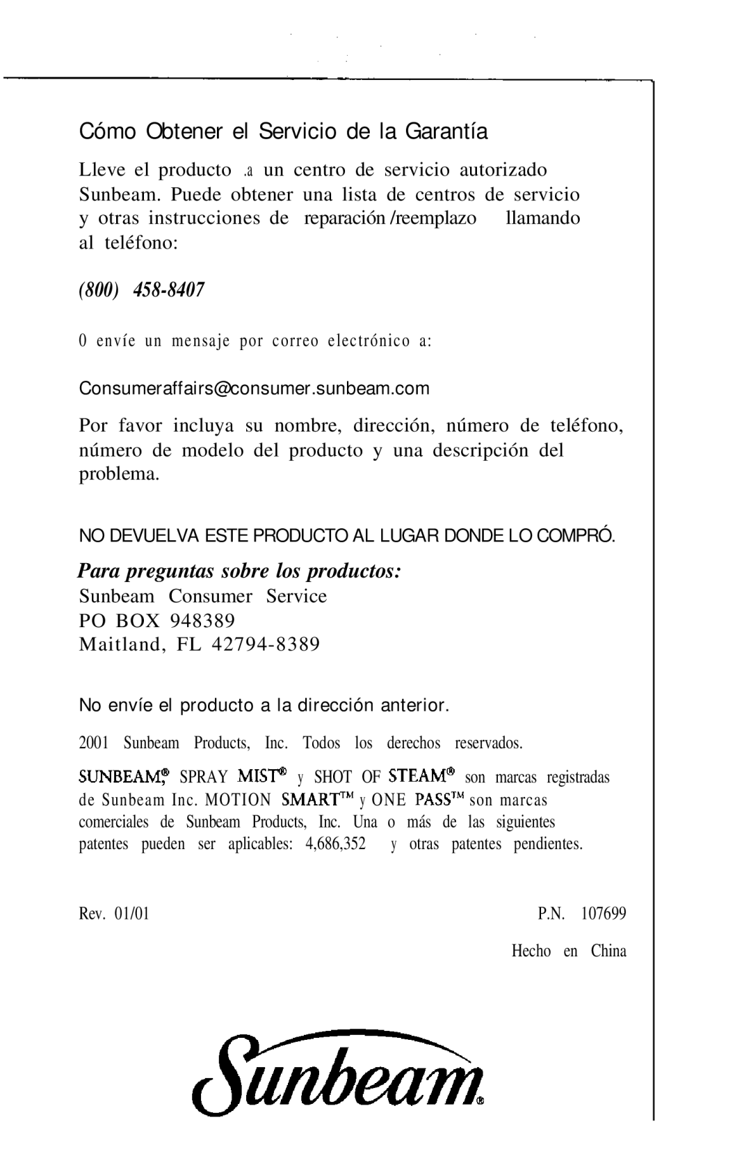 Sunbeam 3035, 3040 manual Cómo Obtener el Servicio de la Garantía, No envíe el producto a la dirección anterior 